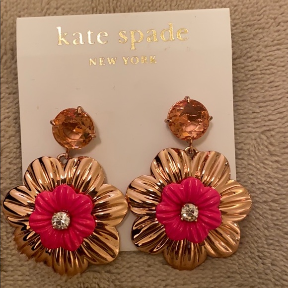 New Gold & Pink Kate Spade Dangle Flower Earrings - Picture 3 of 6